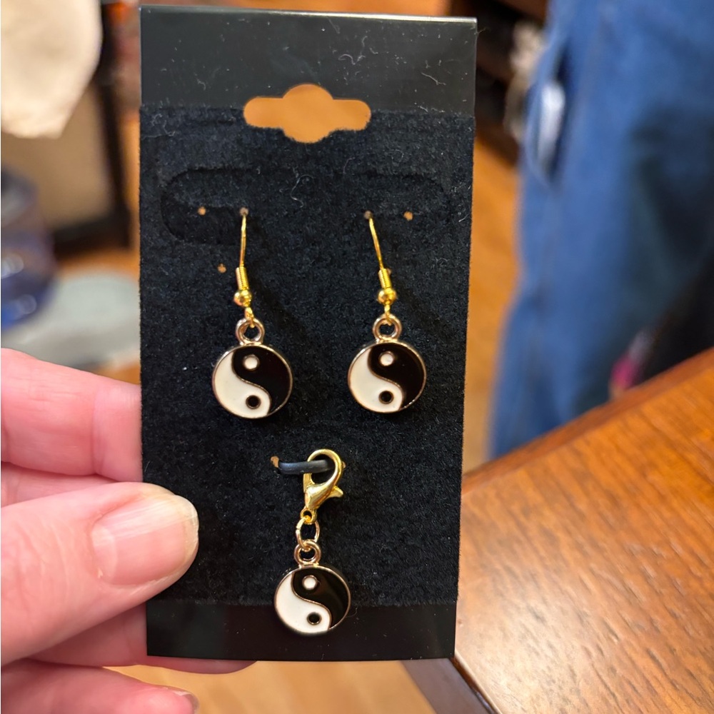 3pc set new Yin Yang Drop Earrings gold fun cute zen pretty w matching charm